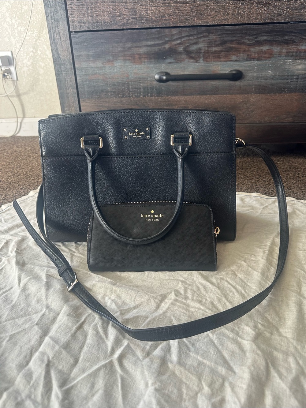 kate spade Black Pebbled Leather Satchel with Matching Wristlet